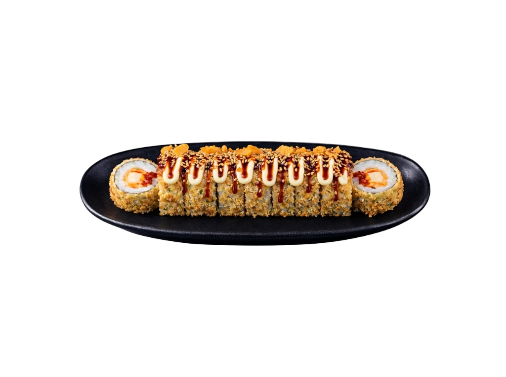 The Black Tiger crispy riceflake rolls op een zwart bord