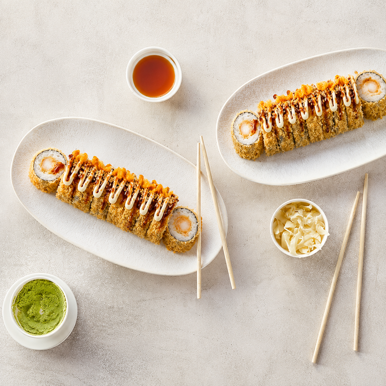 Crispy sushi rolls met saus op lichte borden